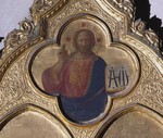Dipinto Cristo pantocratore entro clipeo quadrilobo pala Santi Cosma e Damiano