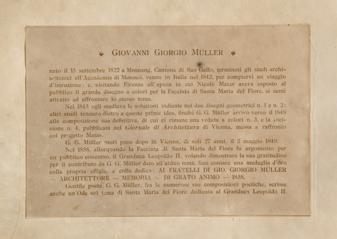 Iscrizione di L. Beltrami con cenni biografici sul Muller, elenco dei progetti per il pannello, descrizione della medaglia